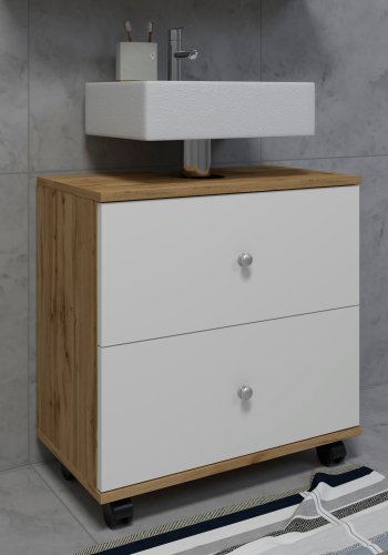 VCM NORDIC Nilosi L Badezimmer-Unterschrank, m. 2 Schubladen und 4 Rollen - Weiß und Naturmelamin