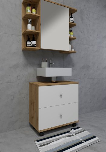 VCM NORDIC Nilosi L Badezimmer-Unterschrank, m. 2 Schubladen und 4 Rollen - Weiß und Naturmelamin