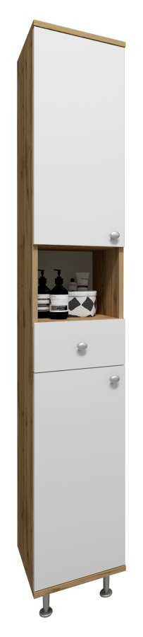 VCM NORDIC Nilosi Badezimmer-Hochschrank, m. 2 Türen, 2 Einlegeböden, 1 Schublade, 1 Fach – Melamin weiß und natur