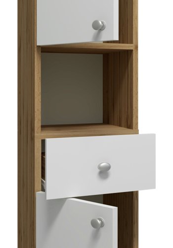 VCM NORDIC Nilosi Badezimmer-Hochschrank, m. 2 Türen, 2 Einlegeböden, 1 Schublade, 1 Fach – Melamin weiß und natur