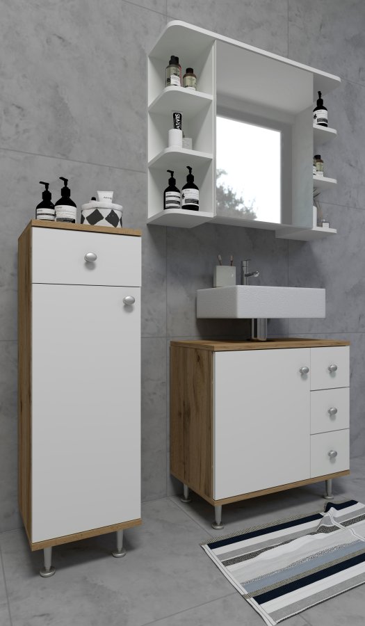 VCM NORDIC Nilosi badevrelse midi skab, m. 1 lge, 2 hylder og 1 skuffe - hvid og natur melamin