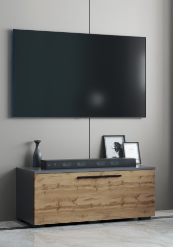 VCM NORDIC Arila S TV-Tisch, m. 1 Tür und 2 Fächern - Anthrazitgrau und Naturholz (110x30)