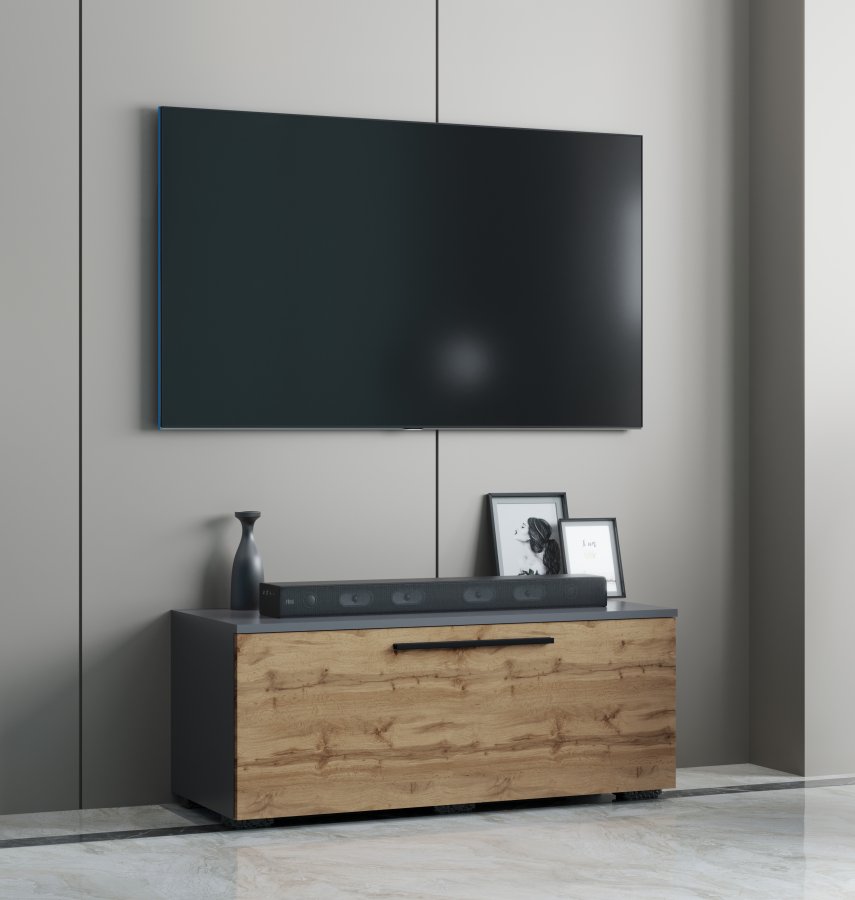 VCM NORDIC Arila S TV-Tisch, m. 1 Tür und 2 Fächern - Anthrazitgrau und Naturholz (110x30)
