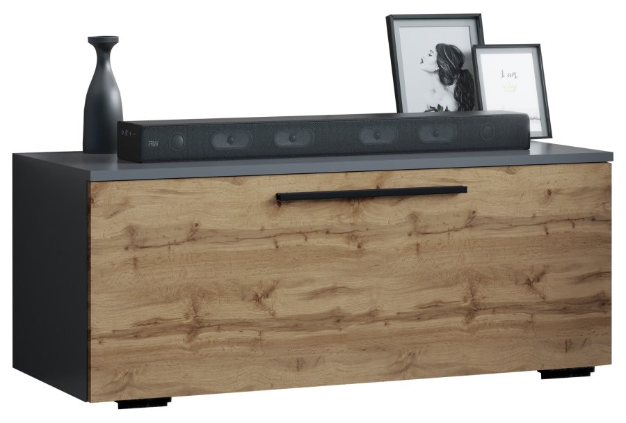 VCM NORDIC Arila S TV-Tisch, m. 1 Tür und 2 Fächern - Anthrazitgrau und Naturholz (110x30)