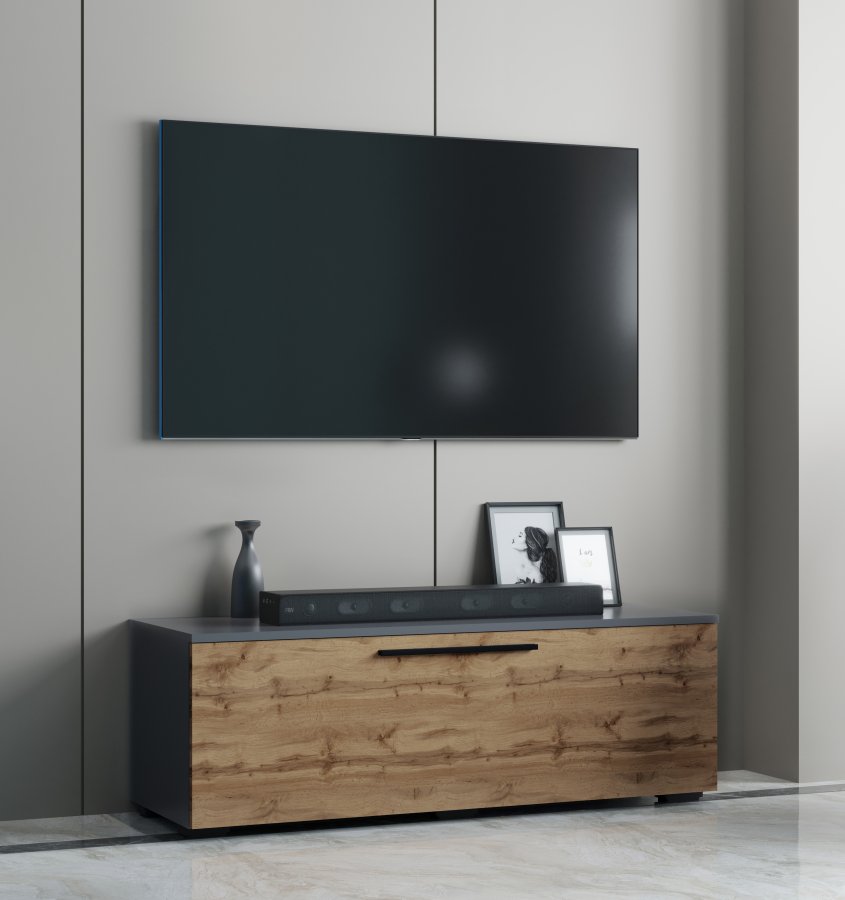 VCM NORDIC Arila M TV-Tisch, mit 1 Tür und 2 Fächern - Anthrazitgrau und Naturholz (115x40)