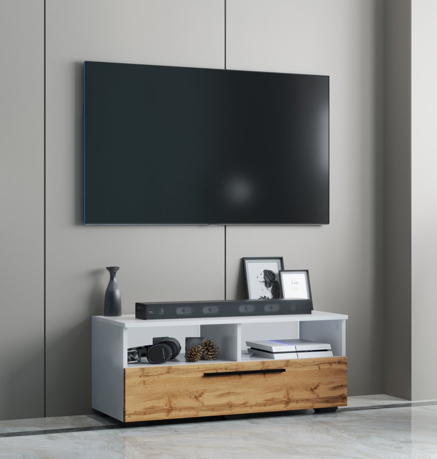 VCM NORDIC Arila L TV-Tisch, m. 1 Tür und 4 Fächern - Weiß und Naturholz (95x40)