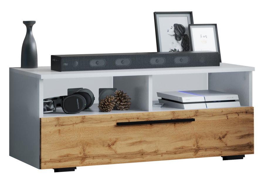 VCM NORDIC Arila L TV-Tisch, m. 1 Tür und 4 Fächern - Weiß und Naturholz (95x40)