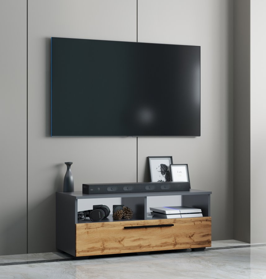 VCM NORDIC Arila L TV-Tisch, mit 1 Tür und 4 Fächern - Anthrazitgrau und Naturholz (95x40)