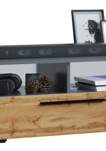 VCM NORDIC Arila L TV-Tisch, mit 1 Tür und 4 Fächern - Anthrazitgrau und Naturholz (95x40)