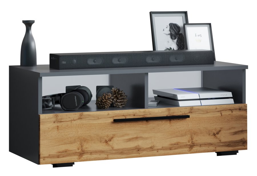 VCM NORDIC Arila L TV-Tisch, mit 1 Tür und 4 Fächern - Anthrazitgrau und Naturholz (95x40)