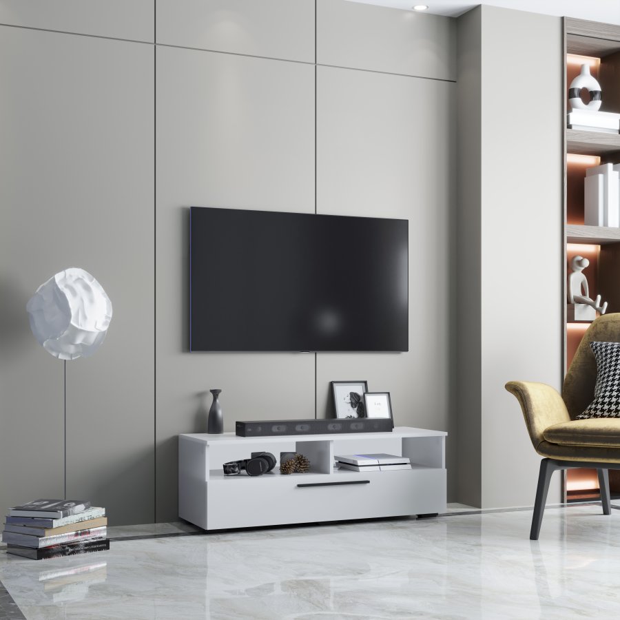 VCM NORDIC Arila XL TV-Tisch, m. 1 Tür und 4 Fächern - Holz weiß (115x40)