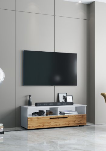 VCM NORDIC Arila XL TV-Tisch, m. 1 Tür und 4 Fächern - Weiß und Naturholz (115x40)