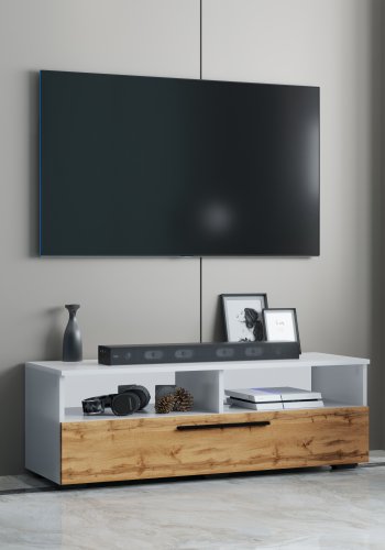 VCM NORDIC Arila XL TV-Tisch, m. 1 Tür und 4 Fächern - Weiß und Naturholz (115x40)