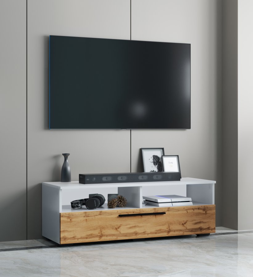 VCM NORDIC Arila XL TV-Tisch, m. 1 Tür und 4 Fächern - Weiß und Naturholz (115x40)