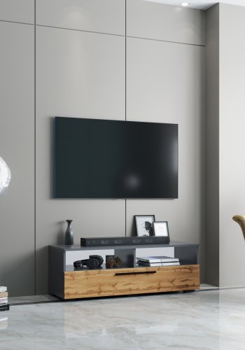 VCM NORDIC Arila XL TV-Tisch, m. 1 Tür und 4 Fächern - Anthrazitgrau und Naturholz (115x40)