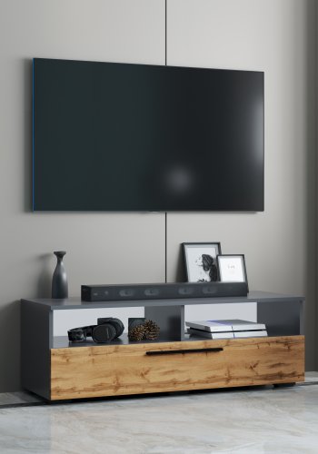 VCM NORDIC Arila XL TV-Tisch, m. 1 Tür und 4 Fächern - Anthrazitgrau und Naturholz (115x40)