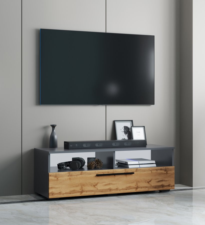 VCM NORDIC Arila XL TV-Tisch, m. 1 Tür und 4 Fächern - Anthrazitgrau und Naturholz (115x40)