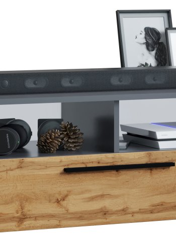 VCM NORDIC Arila XL TV-Tisch, m. 1 Tür und 4 Fächern - Anthrazitgrau und Naturholz (115x40)