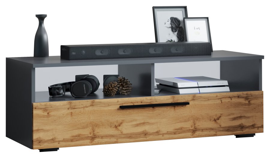 VCM NORDIC Arila XL TV-Tisch, m. 1 Tür und 4 Fächern - Anthrazitgrau und Naturholz (115x40)