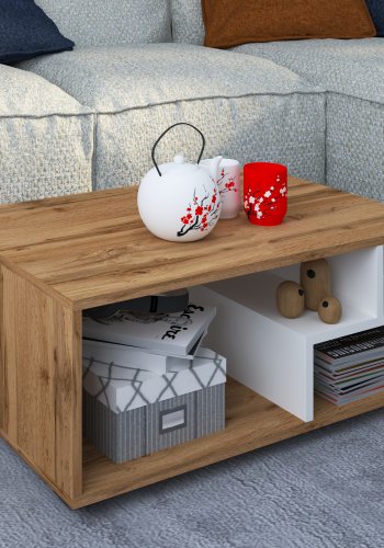 VCM NORDIC Sulas Couchtisch, m. 4 Fächern - Weiß und Naturholz (80x50)