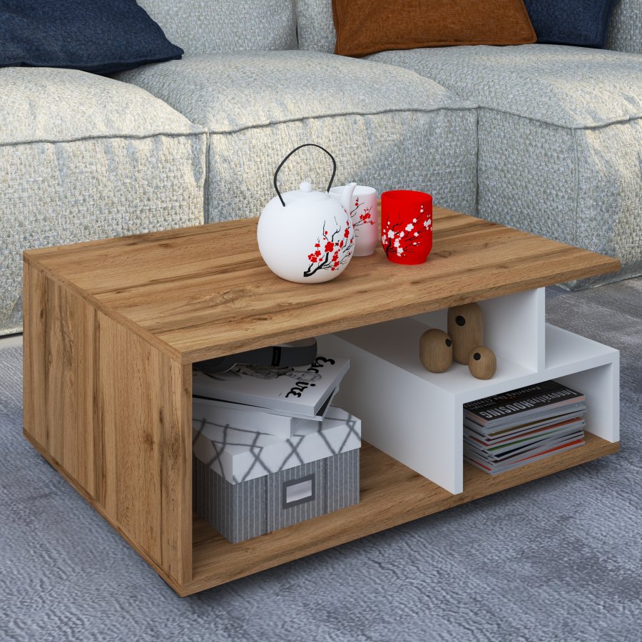 VCM NORDIC Sulas Couchtisch, m. 4 Fächern - Weiß und Naturholz (80x50)