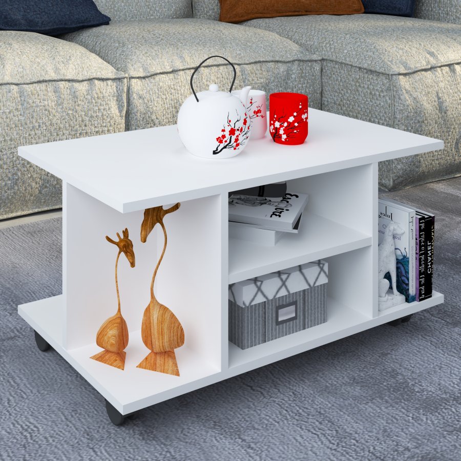 VCM NORDIC Findula Couchtisch, m. 6 Fächern und Rollen - weißes Holz (80x40)