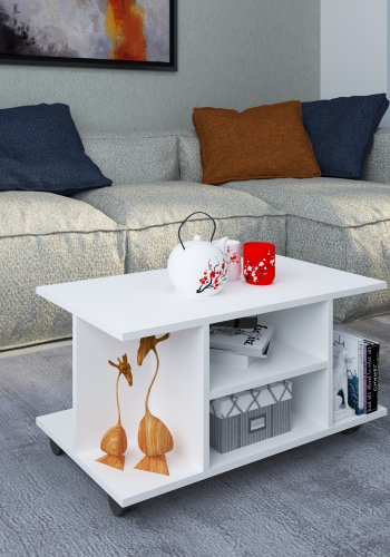 VCM NORDIC Findula Couchtisch, m. 6 Fächern und Rollen - weißes Holz (80x40)