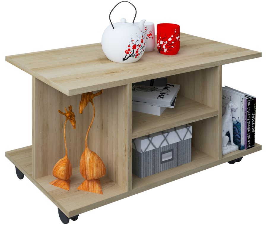 VCM NORDIC Findula Couchtisch, m. 6 Fächern und Rollen - Naturholz (80x40)