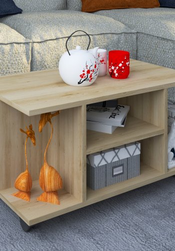 VCM NORDIC Findula Couchtisch, m. 6 Fächern und Rollen - Naturholz (80x40)