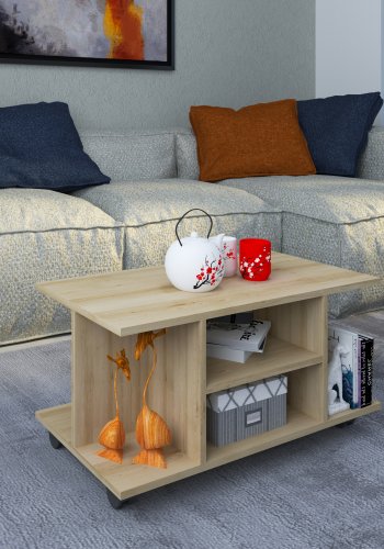 VCM NORDIC Findula Couchtisch, m. 6 Fächern und Rollen - Naturholz (80x40)