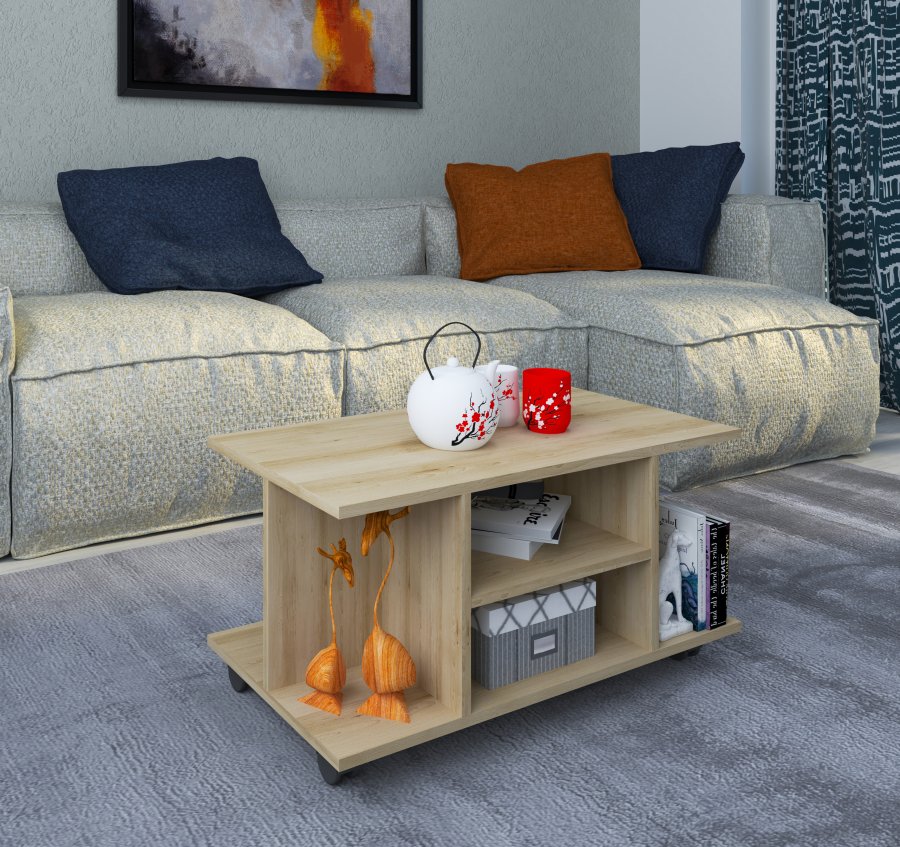 VCM NORDIC Findula Couchtisch, m. 6 Fächern und Rollen - Naturholz (80x40)