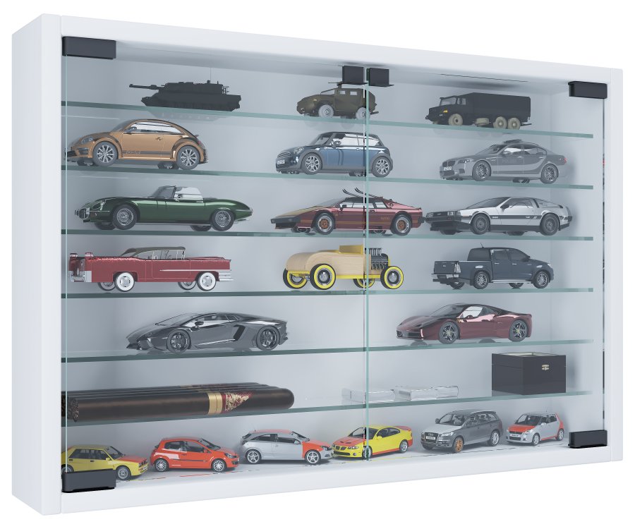 VCM NORDIC Mandosa XL Hängeschrank, m. 2 Türen und 6 Einlegeböden – Glas und weißes Holz