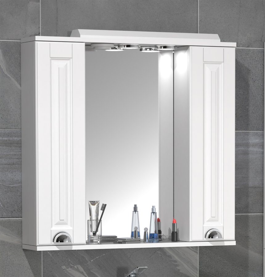 VCM NORDIC Casalo XL baderomsspeilskap, m. lys, 2 drer, 4 hyller - speilglass og hvitt tre (75cm)