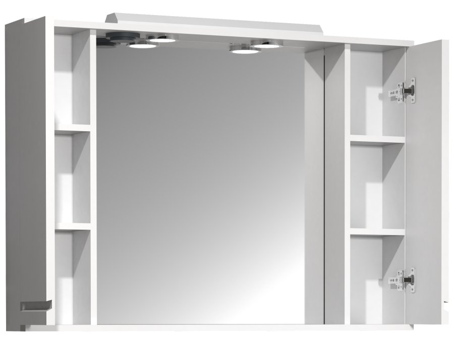 VCM NORDIC Silora XL Badezimmer-Spiegelschrank, mit Licht, 2 Türen, 4 Einlegeböden - Spiegelglas und weißes Holz 100cm