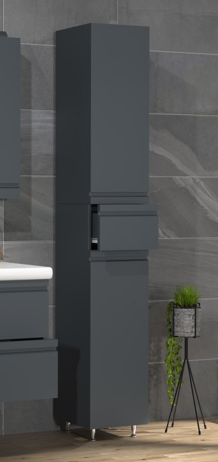 VCM NORDIC Silora Badezimmer-Hochschrank, m. 2 Türen, 2 Einlegeböden, 1 Schublade – Holz anthrazitgrau