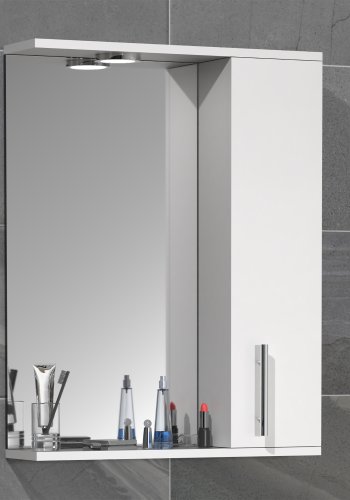 VCM NORDIC Lisalo L Badezimmer-Spiegelschrank, mit Licht, 1 Tür, 2 Einlegeböden - Spiegelglas und weißes Holz (55cm)