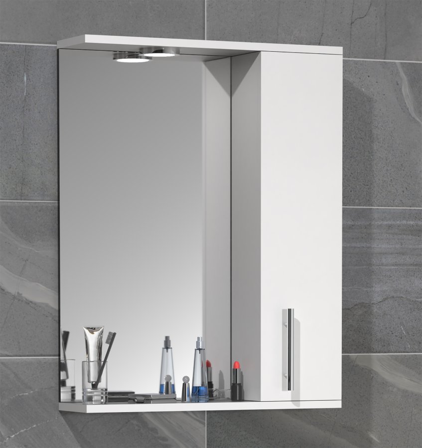 VCM NORDIC Lisalo L Badezimmer-Spiegelschrank, mit Licht, 1 Tür, 2 Einlegeböden - Spiegelglas und weißes Holz (55cm)