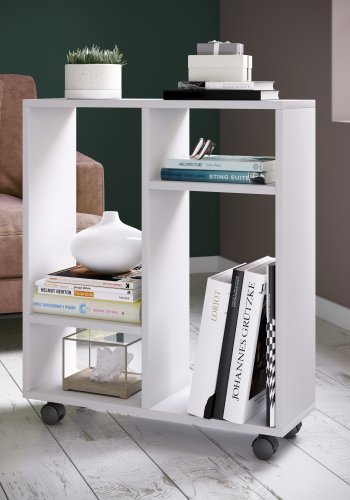 VCM NORDIC Dremala Bücherregal, mit 2 Regalen und Rädern – weißes Holz (H: 65 cm x 60 cm x 20 cm)