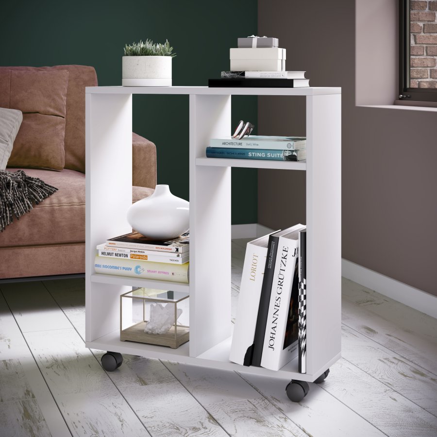 VCM NORDIC Dremala Bücherregal, mit 2 Regalen und Rädern – weißes Holz (H: 65 cm x 60 cm x 20 cm)