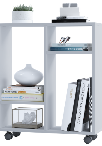 VCM NORDIC Dremala Bücherregal, mit 2 Regalen und Rädern – weißes Holz (H: 65 cm x 60 cm x 20 cm)