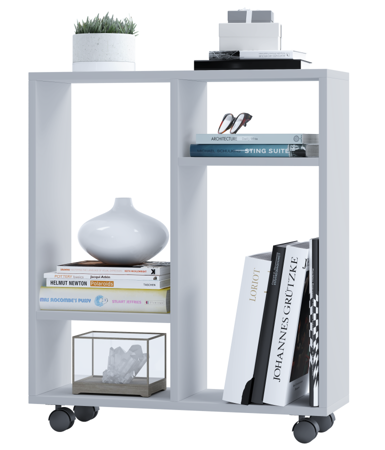 VCM NORDIC Dremala Bücherregal, mit 2 Regalen und Rädern – weißes Holz (H: 65 cm x 60 cm x 20 cm)