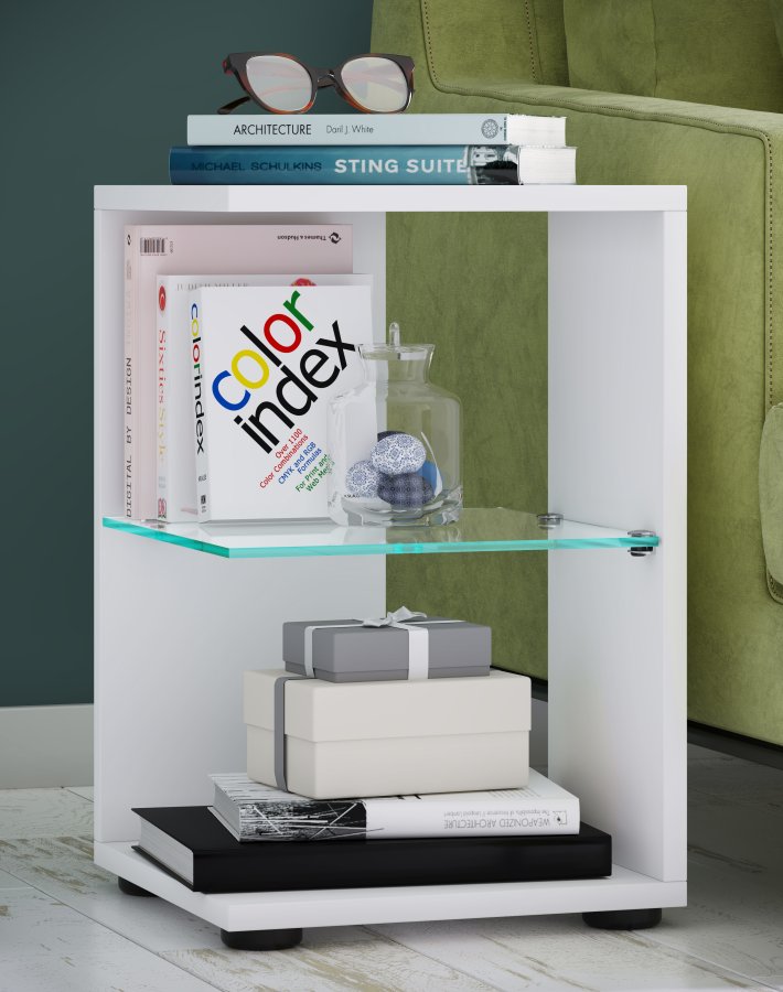 VCM NORDIC Elani Beistelltisch, m. 1 Glasablage - Holz weiß (30x30)