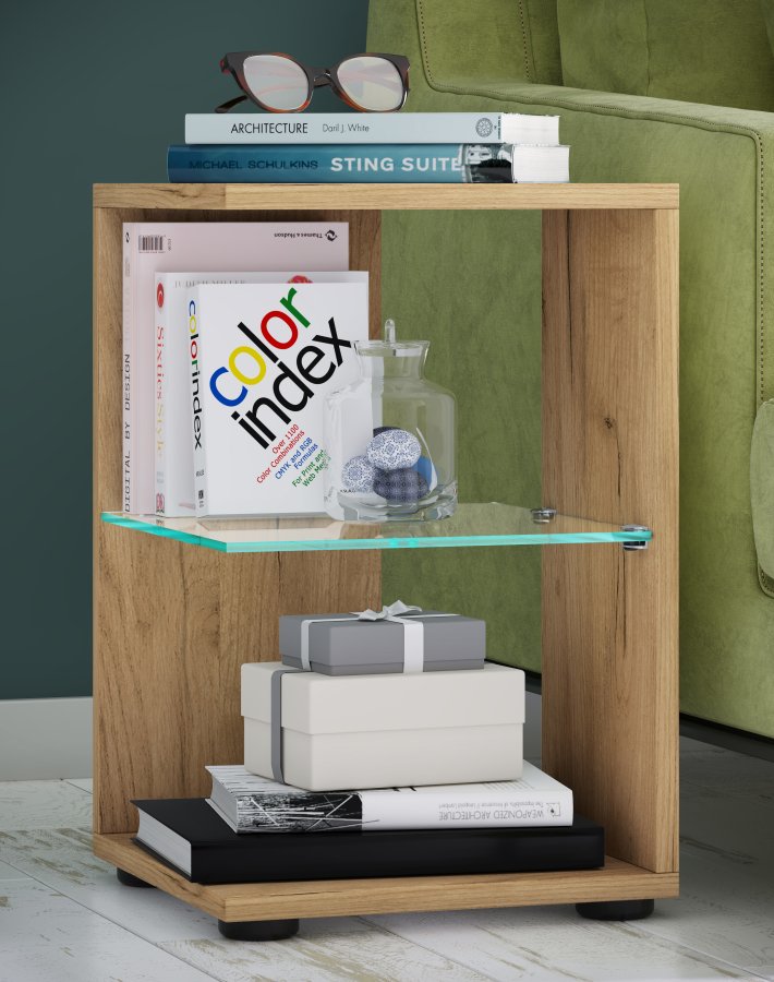 VCM NORDIC Elani Beistelltisch, m. 1 Glasablage - Naturholz (30x30)