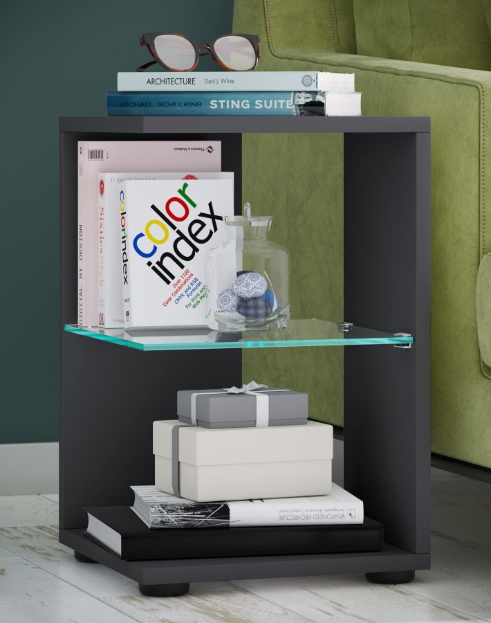 VCM NORDIC Elani Beistelltisch, m. 1 Glasablage - Holz anthrazitgrau (30x30)