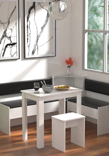 VCM NORDIC Esal Mini Eckbank-Set, mit 1 Tisch, 2 Bänken, 1 Hocker - Holz weiß