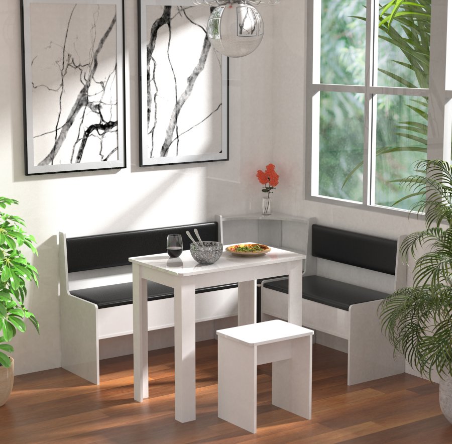 VCM NORDIC Esal Mini Eckbank-Set, mit 1 Tisch, 2 Bänken, 1 Hocker - Holz weiß