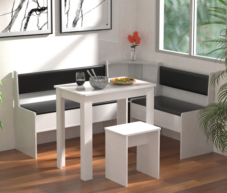 VCM NORDIC Esal Mini Eckbank-Set, mit 1 Tisch, 2 Bänken, 1 Hocker - Holz weiß