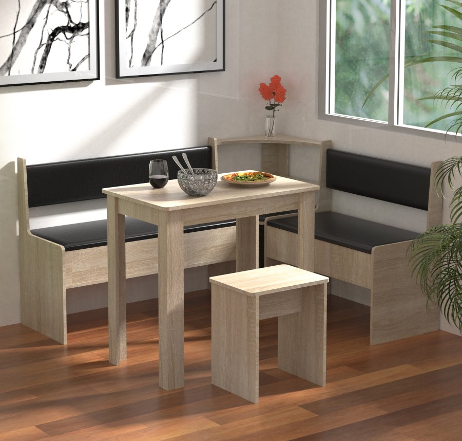 VCM NORDIC Esal Mini Eckbank-Set, m. 1 Tisch, 2 Bänken, 1 Hocker - Naturholz