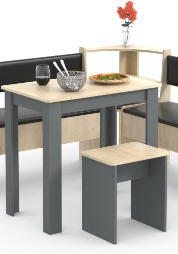 VCM NORDIC Esal Mini Eckbank-Set, m. 1 Tisch, 2 Bänke, 1 Hocker - Holz natur und anthrazitgrau