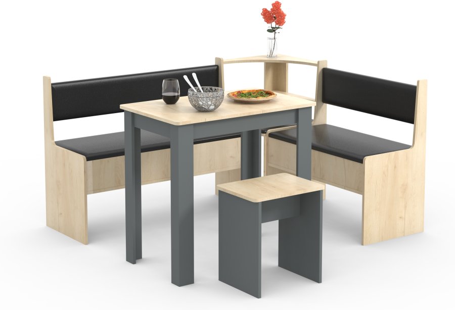 VCM NORDIC Esal Mini Eckbank-Set, m. 1 Tisch, 2 Bänke, 1 Hocker - Holz natur und anthrazitgrau